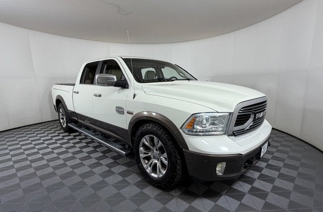 2018 RAM 1500 Longhorn in Pearl White — front three-quarter view